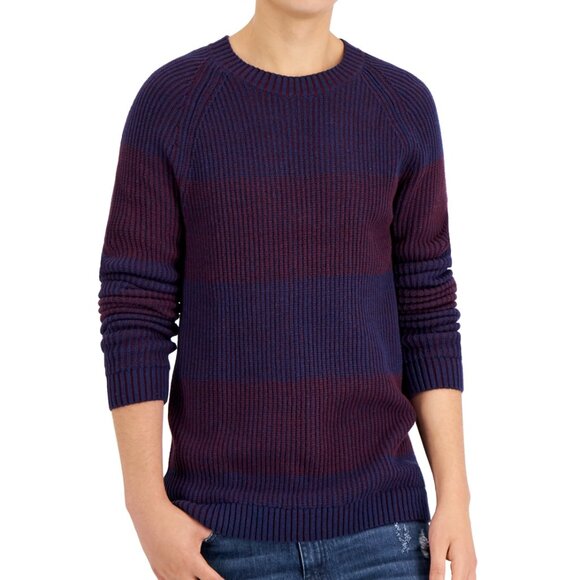 INC Men's Size L Crew Neck Plaited Striped Ribbed Knite Navy Red Sweater… - Picture 1 of 6
